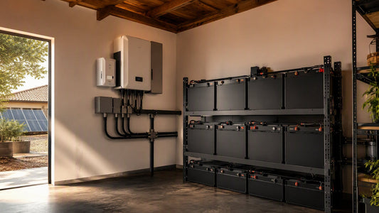 An 8kW hybrid inverter power system with battery bank in a tidy utility room