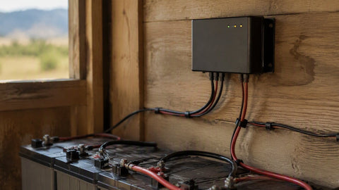 Morningstar solar charge controller above battery bank — PES Supply brand guide
