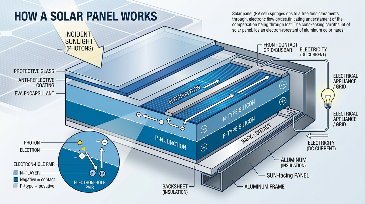Sunlight hitting rooftop solar panels that convert it to electricity for a home