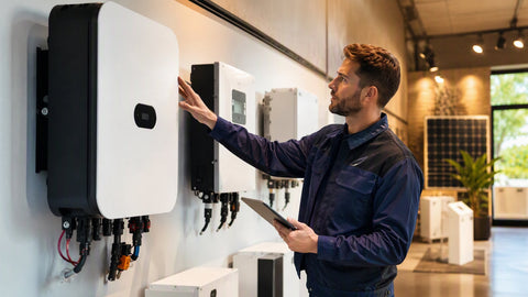 A clean wall display of modern residential solar inverters in a bright showroom