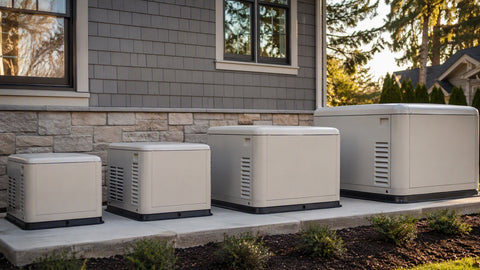 A lineup of four residential standby generators of increasing physical size on a concrete pad next to a suburban home