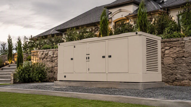 A large 100kW commercial-grade diesel standby generator enclosure installed outside a large estate home