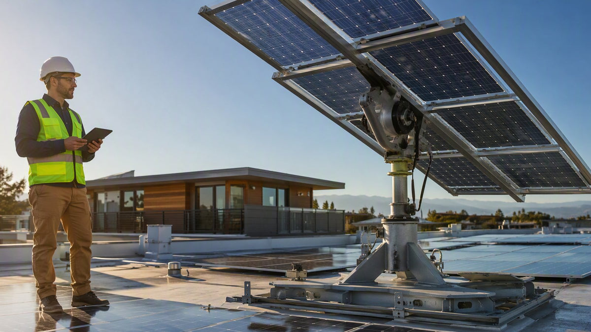 A modern residential rooftop with bifacial solar panels and a single-axis tracking test rig