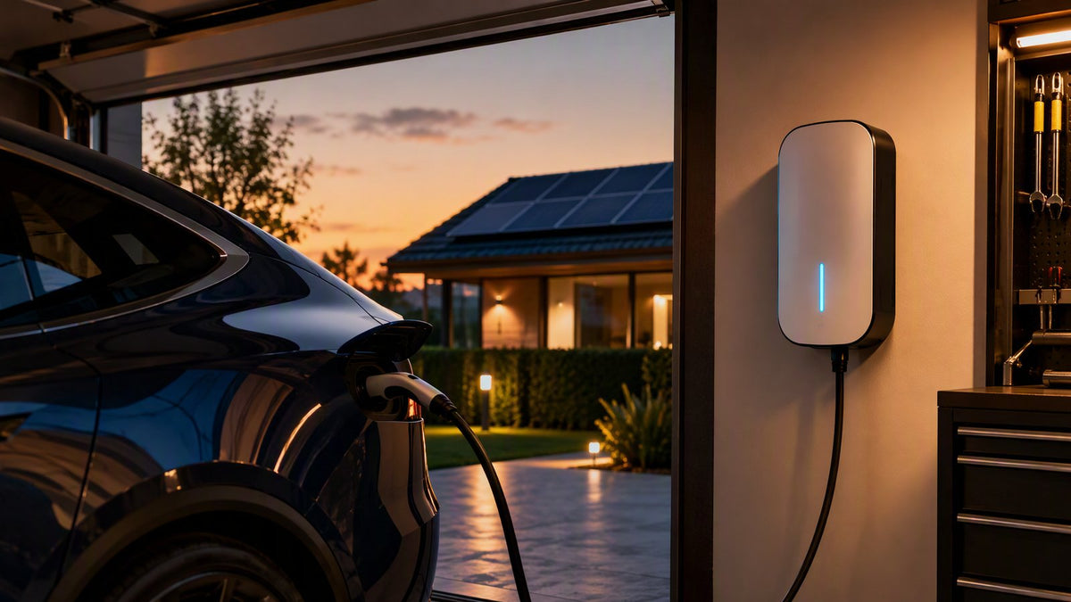 Man charging electric vehicle at home garage EV charging station