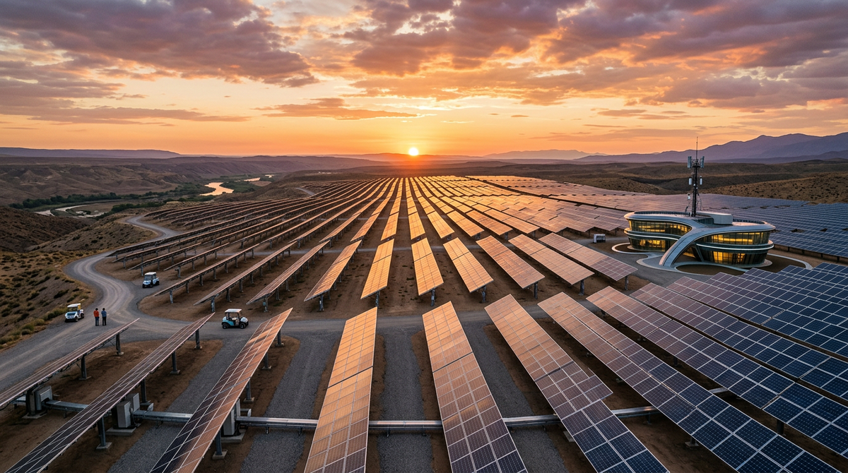 Expanding utility-scale solar farm representing PV growth in the energy outlook