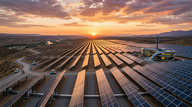 Expanding utility-scale solar farm representing PV growth in the energy outlook