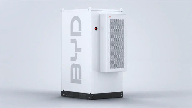 BYD energy storage battery box in white with gray logo on a plain background