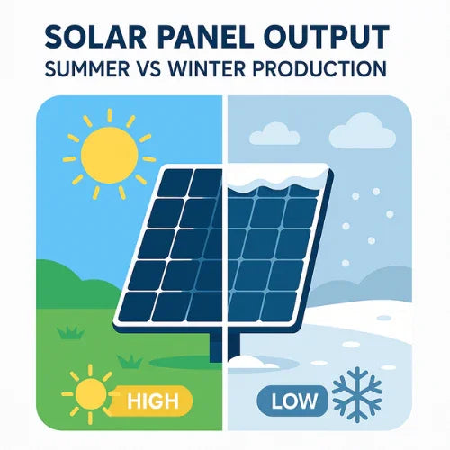 Solar panel output comparison in summer and winter, showing high and low solar energy production.
