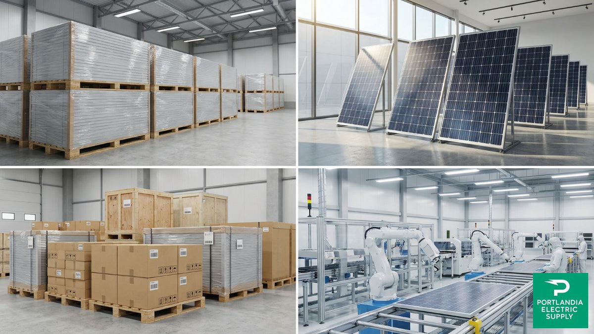 Collage of bulk solar panel order fulfillment showing palletized Tier 1 solar modules in warehouse storage, a close-up of a solar panel, and large-scale solar panel manufacturing and distribution facilities