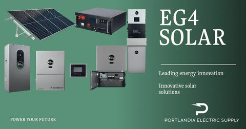 EG4 solar energy products display, including solar panels, inverters, batteries, and control units.
