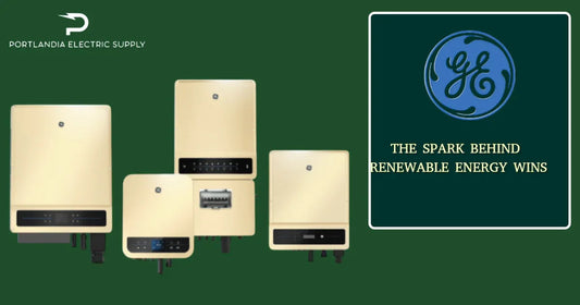 GE solar inverters lineup, Portlandia Electric Supply logo, renewable energy quote on green background