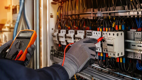 Close-up of an electrical breaker panel with a licensed electrician testing circuits with a multimeter