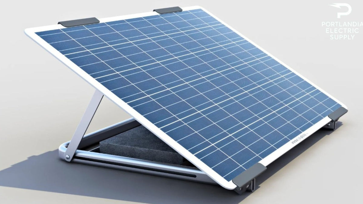 1000W solar panel on adjustable metal stand, blue grid surface, Portlandia Electric Supply logo