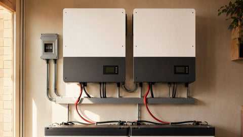 Two hybrid solar inverters mounted side by side on a utility wall