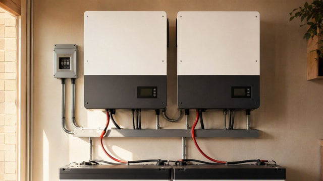 Two hybrid solar inverters mounted side by side on a utility wall