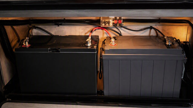 Two 12V LiFePO4 batteries side by side in an RV battery compartment