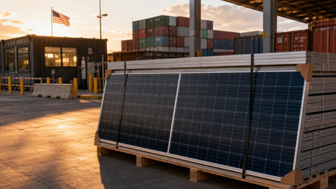 Solar panel modules stacked at a U.S. port facility with customs documentation overlay, representing Section 232 tariff compliance for solar imports