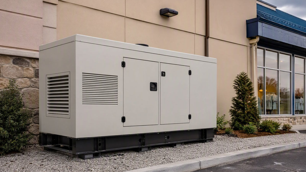 An 80kW commercial standby generator enclosure outside a retail building