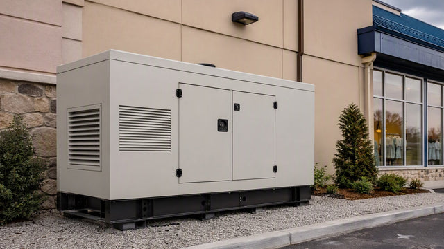An 80kW commercial standby generator enclosure outside a retail building