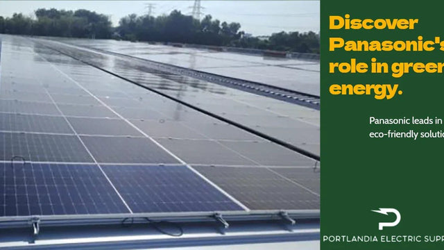 Panasonic solar panels on rooftop with green energy and eco-friendly solutions text overlay.