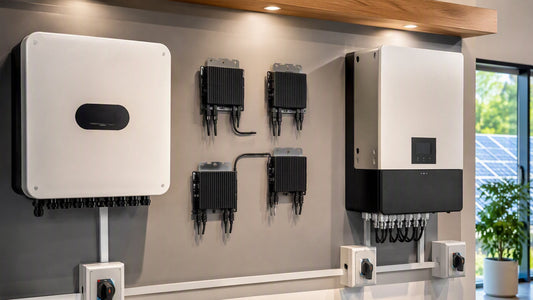 Solar inverter types comparison with microinverter, hybrid, and string inverter units.