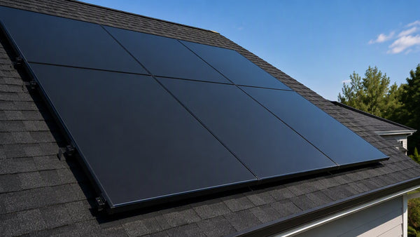 All-black residential rooftop solar panels with a uniform busbar-free surface on a shingle roof