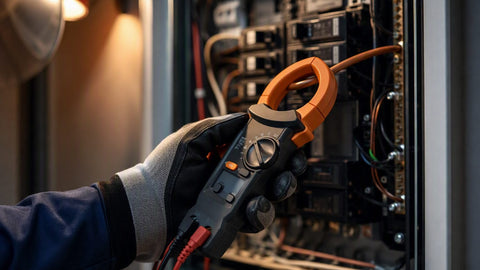 Electrician measuring current with a clamp meter on a copper conductor inside a residential breaker panel