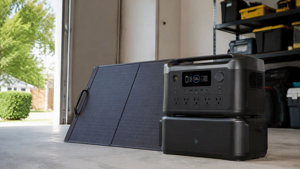 Portable power station with expansion battery and folding solar panel in a residential garage