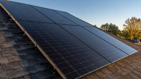 All-black solar panels on a residential shingle rooftop in late afternoon sunlight