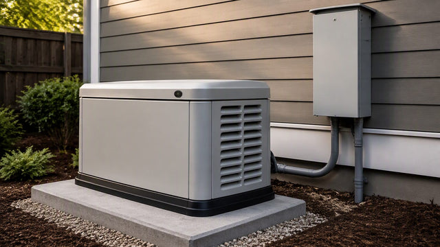 Standby generator on concrete pad with automatic transfer switch on house wall