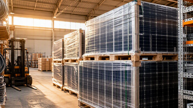 Pallets of stacked solar modules in a bright distribution warehouse with forklift and conduit racks