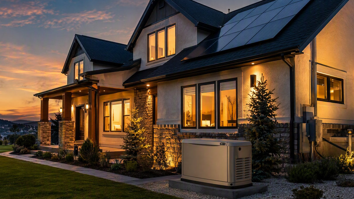Modern suburban home at dusk with lit windows powered by an outdoor Generac standby generator.