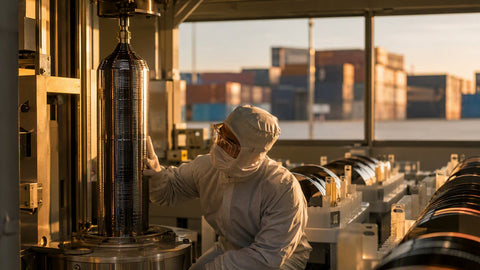 Worker in cleanroom suit inspecting a silicon ingot at a solar polysilicon factory, shipping containers beyond the window