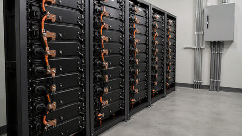 Server-rack lithium battery bank with busbars in a clean utility room
