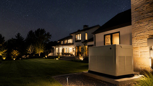 Backup generator in modern home backyard at night with house lights on, emergency power