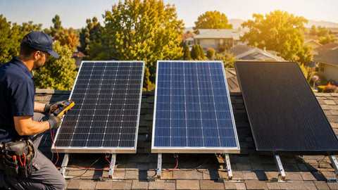 Three solar panel types on comparison racks on a residential roof