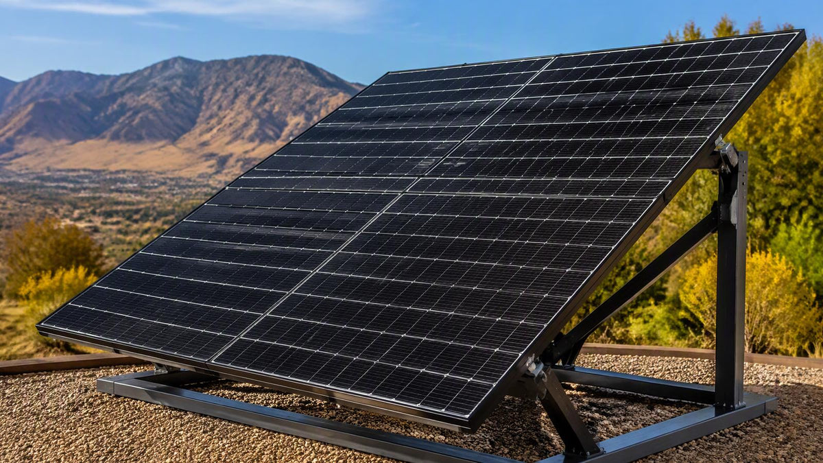 440W Mono PERC bifacial solar panel with black cells and silver frame on gray background