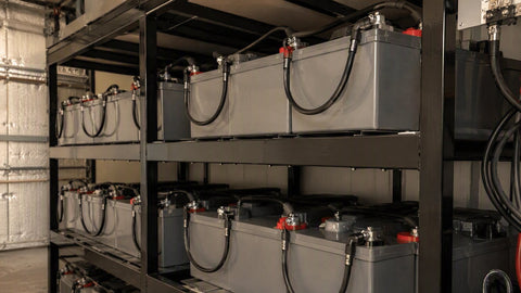 Crown Battery deep-cycle AGM batteries in steel rack — PES Supply brand guide