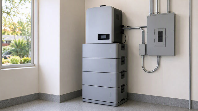 Modular home battery stack with inverter head and subpanel in a utility room