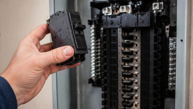 Electrician's hand holding a circuit breaker in front of an open load center