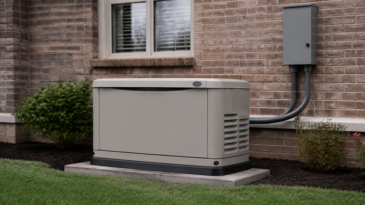 Residential standby generator on a concrete pad beside a brick home with conduit to a wall-mounted transfer switch