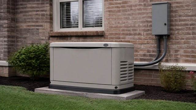 Residential standby generator on a concrete pad beside a brick home with conduit to a wall-mounted transfer switch
