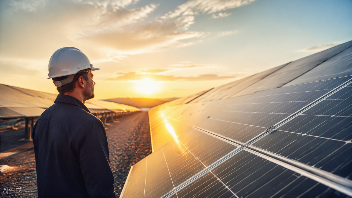 Solar panel installation at a commercial site during golden hour with contractor inspecting array rows