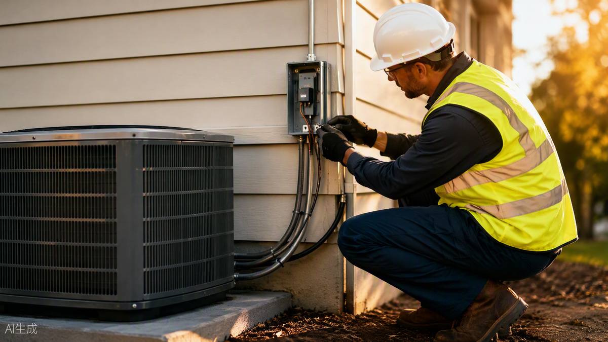 Electrical contractor inspecting AC condenser disconnect and wiring