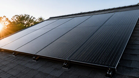 All-black residential solar panels on a shingle rooftop at low afternoon sun