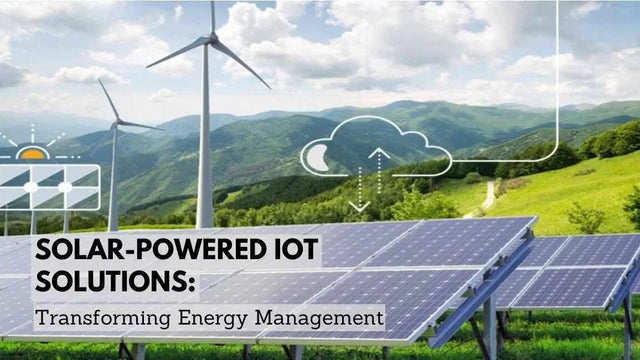Solar panels and wind turbines in a green field with IoT and cloud energy icons