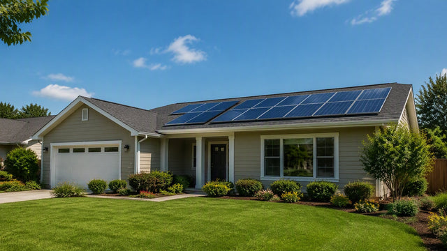 A modest suburban home with a medium rooftop solar array