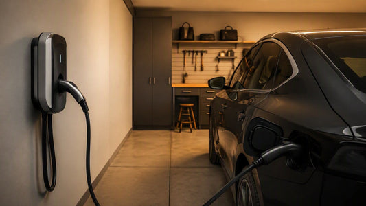 Level 2 EV wall charger in a clean residential garage with an electric vehicle plugged in, warm lighting