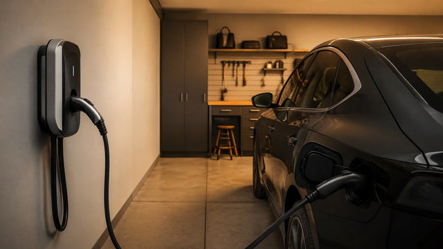 Level 2 EV wall charger in a clean residential garage with an electric vehicle plugged in, warm lighting