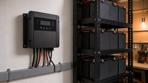 Solar charge controller mounted on utility-room wall with battery bank cables